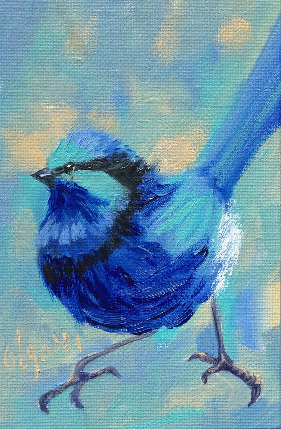 Blue bird n2, miniature original oil painting.