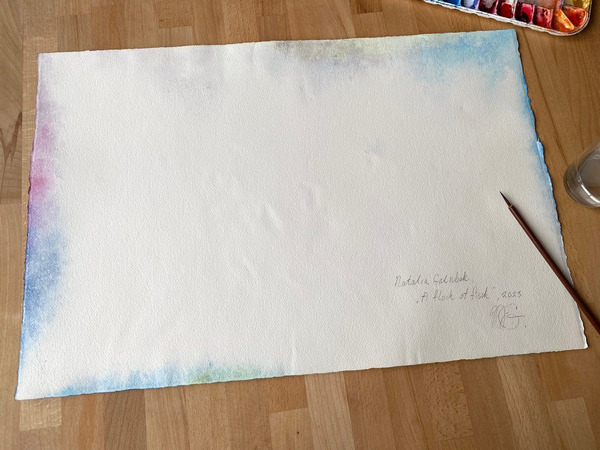 Impressionistic Landscape Watercolour By Natalia Galnbek, 22 X 15", Flock Of Fish, Original Artwork