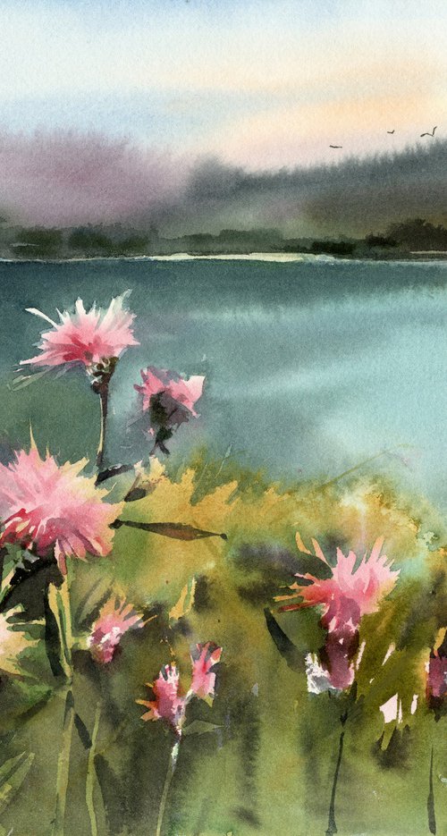 Lake landscape, pink flowers by Yulia Evsyukova