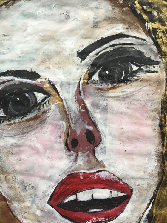 The Face Acrylic on Newspaper Face Art Woman Portrait Red Lips 37x29cm Gift Ideas Original Art Modern Art Contemporary Painting Abstract Art For Sale Free Shipping