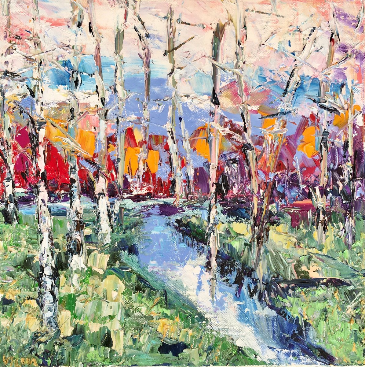 Vilma Gataveckienė | Original  Oil Painting | Trees By River | 33 X 33Cm | Artwork For Sale On Artfinder