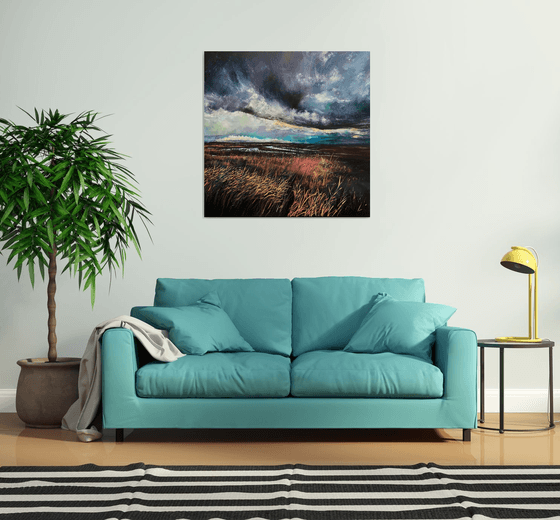 'Storm Across The East Marshes' Large Moody Landscape Oil Painting