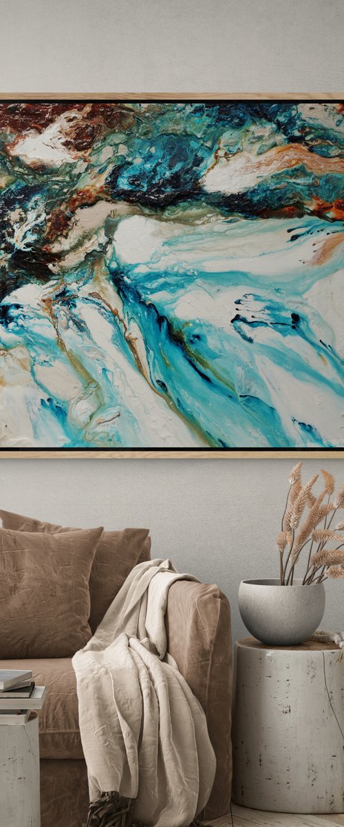 Crushed Southern Coast 190cm x 100cm Teal Oxide White Textured Abstract Art by Franko