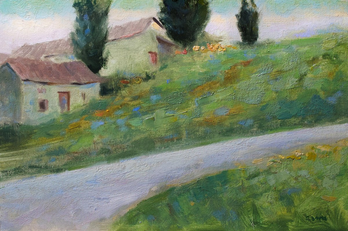 Impressionistic Landscape Oil Painting By Gav Banns, 12 X 8, French Outbuildings Winter, Original Artwork