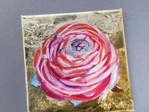 Pink Ranunculus miniature with gold on canvas by Annet Loginova
