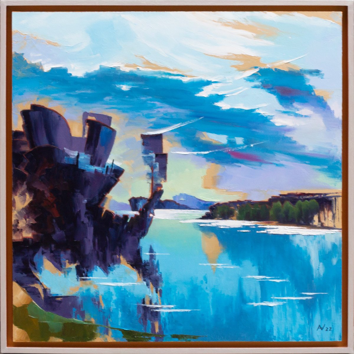 Abstract Landscape Oil Painting By Oleksii Vylusk, 25 X 25", Still Waters Of The Lake, Original Artwork