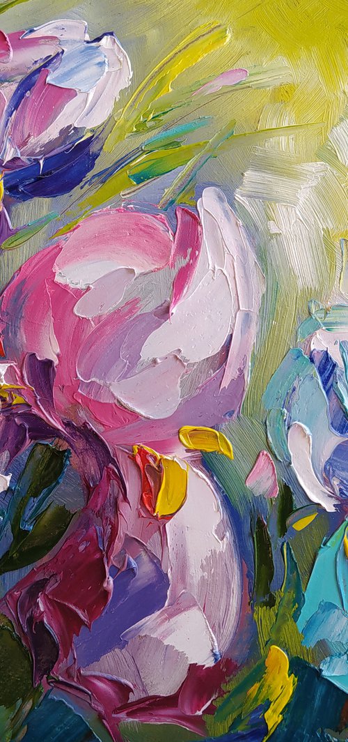 Irises in the garden - flowers, oil painting, irises flowers, gift idea, gift for woman by Anastasia Kozorez