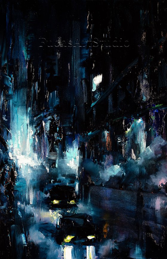 City night art painting urban black and blue
