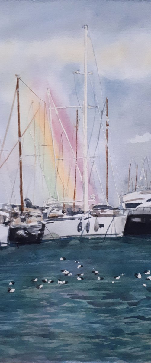 Rainbow in Harbor /  ORIGINAL PAINTING by Salana Art