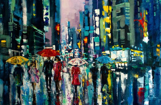 "Night city lights" ,  people with umbrellas
