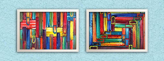 "No Direction" - Save As Series + FREE USA SHIPPING - Original PMS Abstract Diptych Oil Paintings On Recycled Wood - 80" x 28"