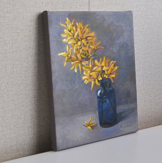 Forsythia in the blue bottle original oil painting