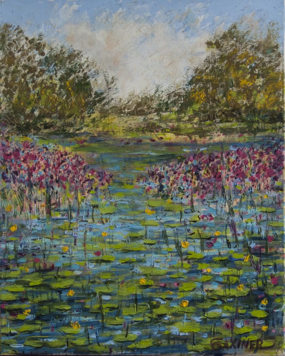 Impressionistic Landscape Oil Painting By Leo Baxiner, 16 X 20", Lilly Pond In South Bohemia, Original Artwork