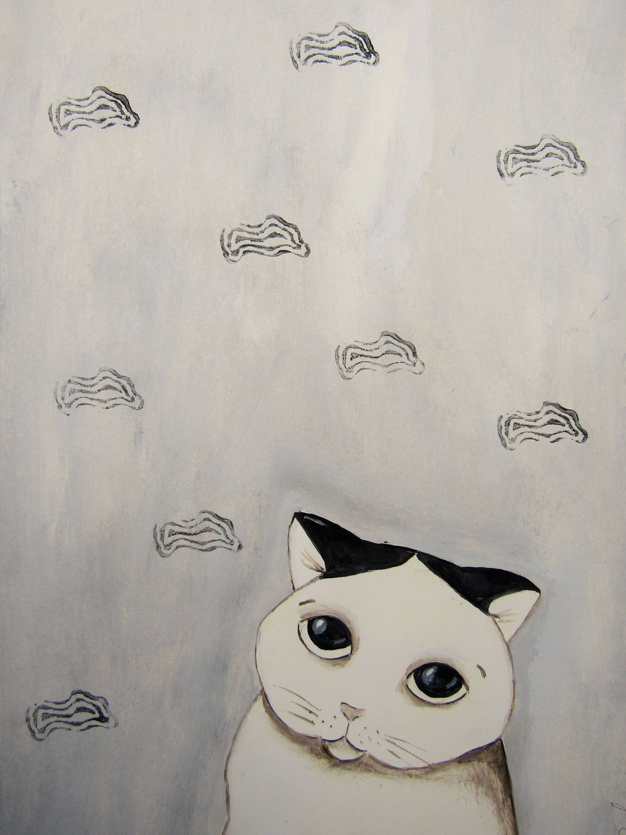 The cat and the clouds - oil on paper by Silvia Beneforti