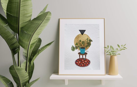 Plants lover's interior - original painting with gold potal on handmade paper