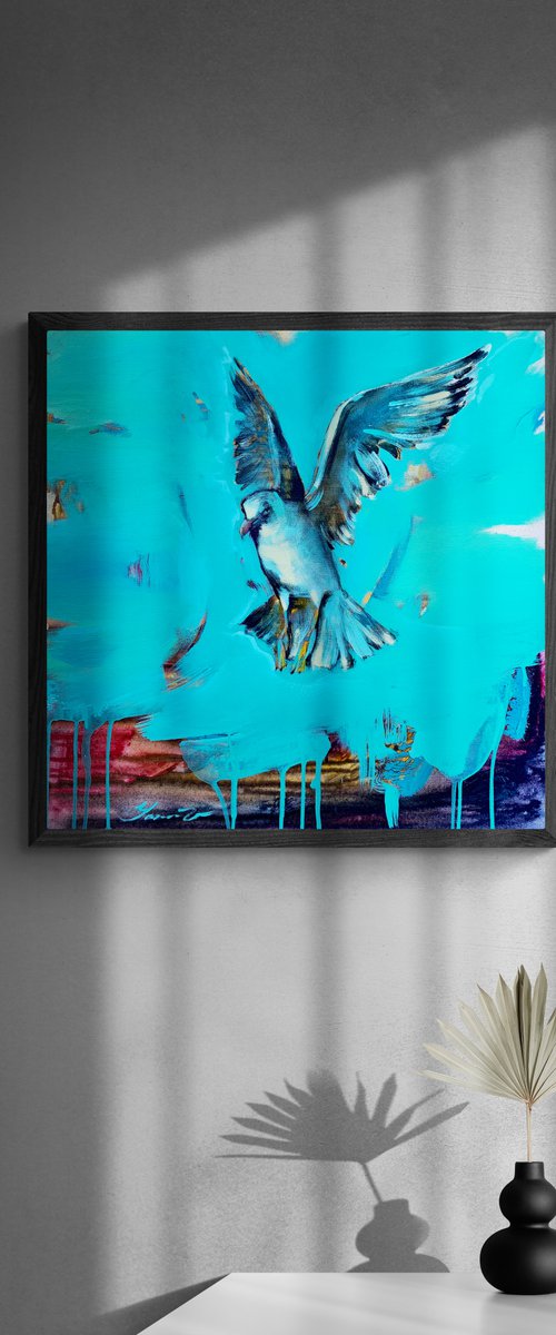 Bright painting - "Flying seagull" - Pop Art - Bird - Sea - Ocean - Sunset by Yaroslav Yasenev