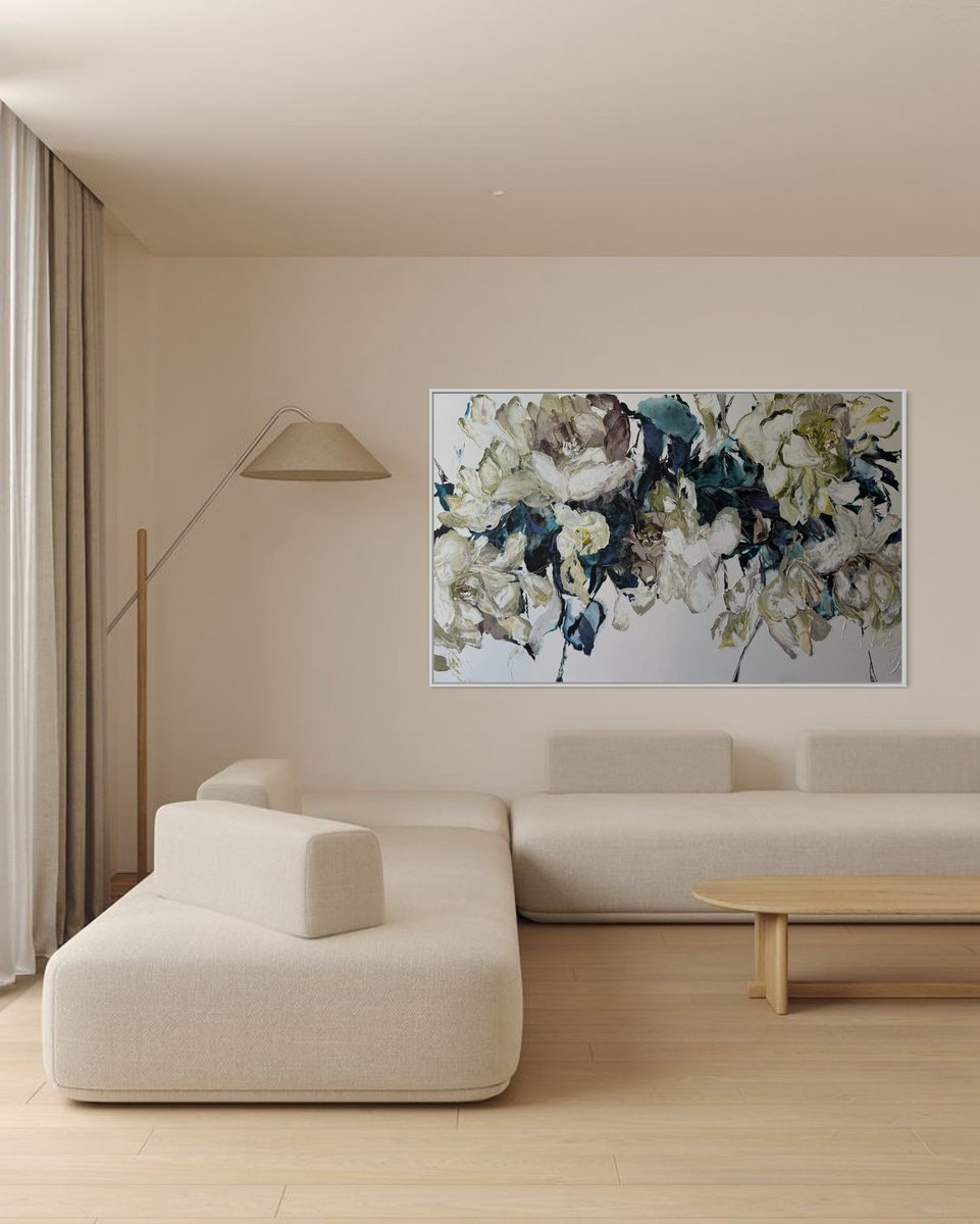 Impressionistic Botanical Acrylic Painting By Tetiana Hutsul, 61 X 37", Inside The Gold Of Silence, Original Artwork