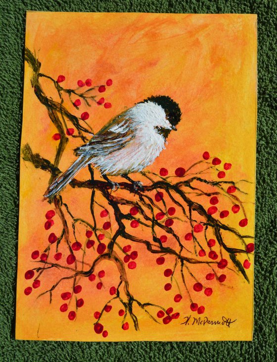 Gold Chickadee - original 5X7 framed acrylic painting on watercolor paper