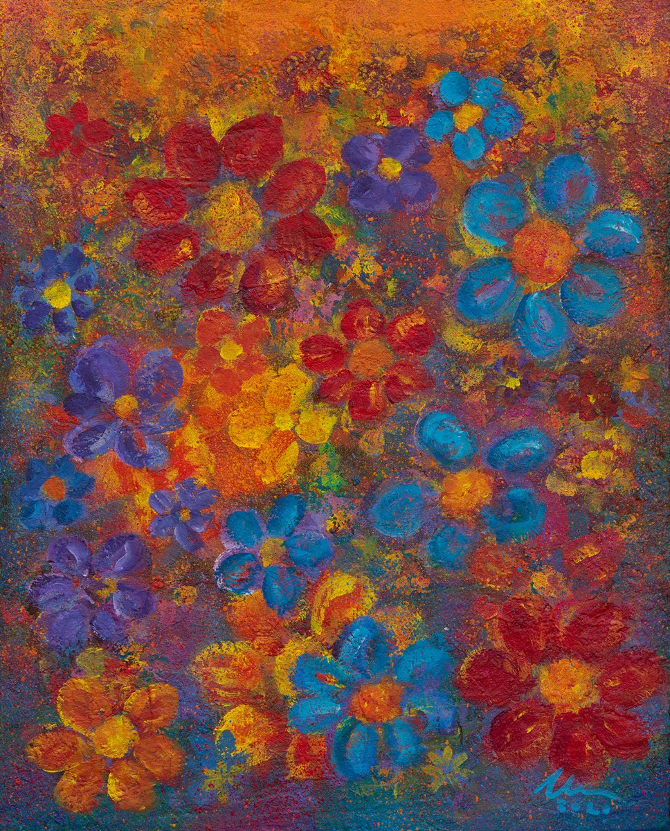 Organic Botanical Acrylic Painting By Peter Zelei, 15 X 19", Flower Garden At Sunset, Original Artwork