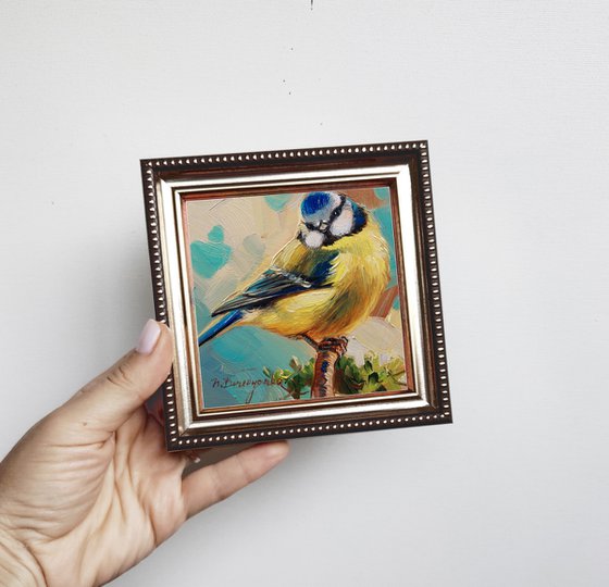 Blue bird painting original art 4x4, Little bird artwork in frame, Framed art of Blue tit bird, Pocket bird picture Christmas gift