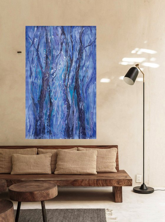 Large acrylic and pearl painting 100x160 cm unstretched canvas "Blue forest" i010 art original artwork by Airinlea