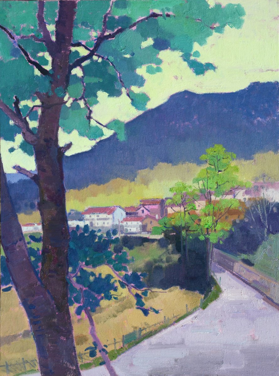 Landscape oil painting:Big trees in front the village 108 by jianzhe chon