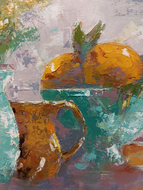 Still life oil painting. Palette knife art