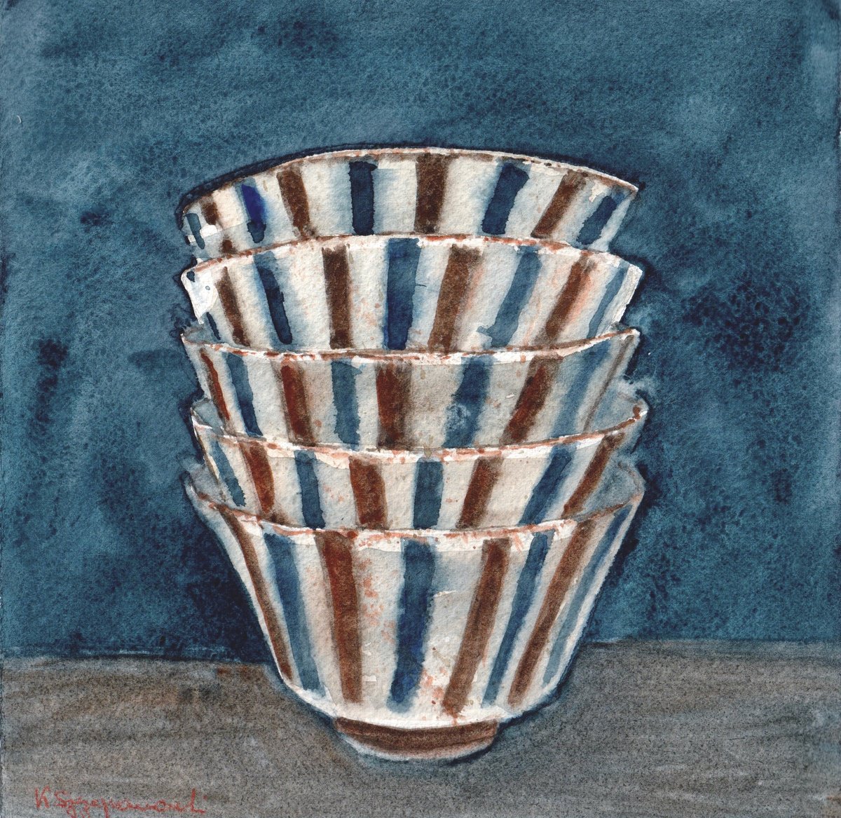 Blue and brown striped bowls by Krystyna Szczepanowski