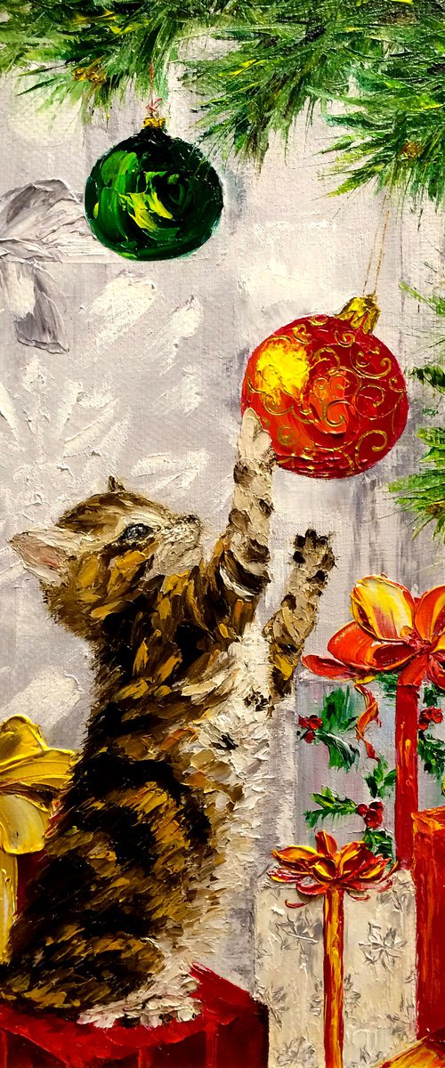 CHRISTMAS SURPRISE - A cat. New Year. Christmas. Gift. Kitten. Cute cat. Christmas tree. Toys. Christmas toys. Gifts. A gift for Christmas. Atmosphere. Coziness. Happiness. Holidays. by Marina Skromova