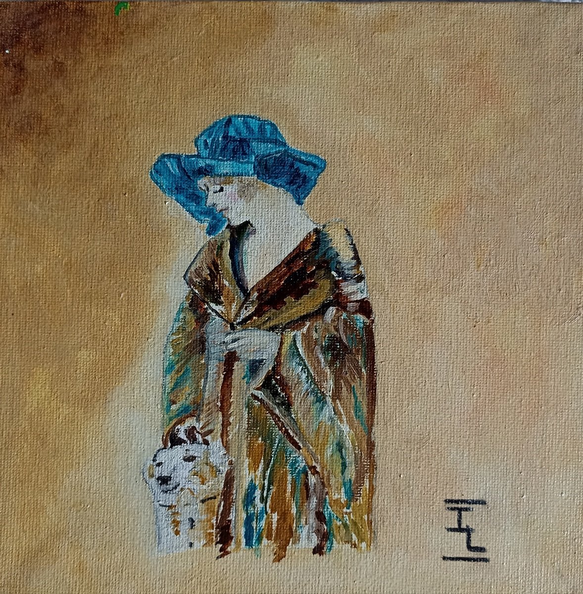 Expressive Portrait Oil Painting By Isabelle Lucas, 8 X 8, Woman Blue Bird, Original Artwork