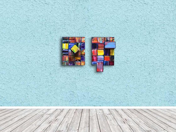 "We Just Fit" - FREE USA SHIPPING - Original Diptych PMS Mixed Media Sculptural Paintings On Wood, Framed - 16 x 11.5 inches