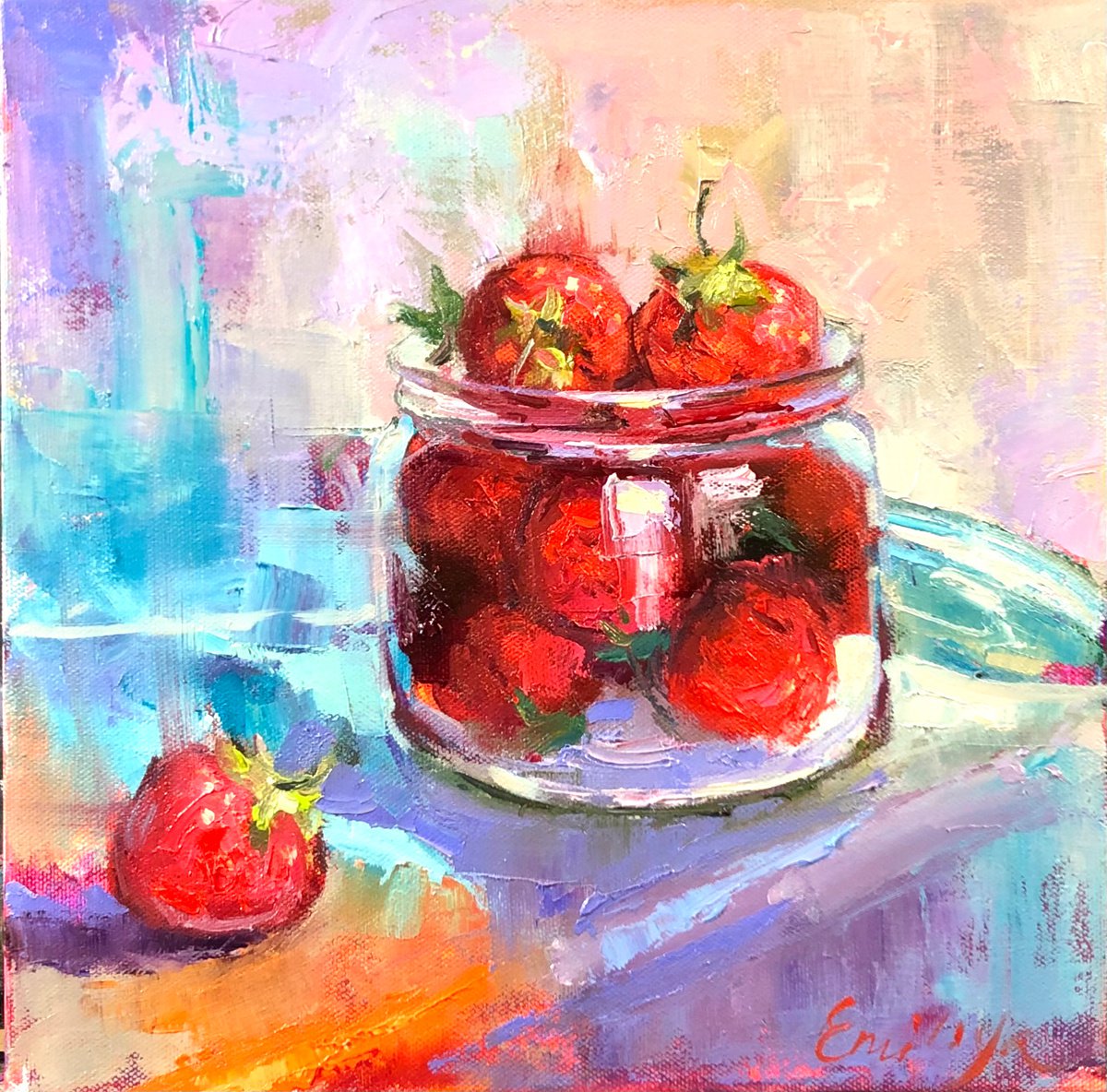 Strawberries art original oil painting still life berries impressionist impasto artwork by Emiliya Lane