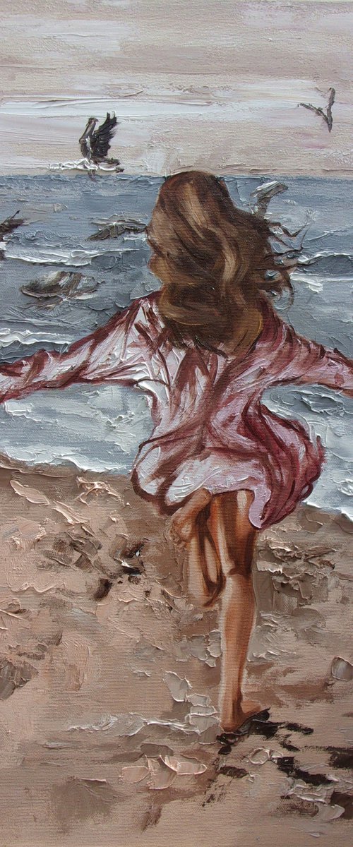" DANCING WITH SEAGULLS "- SKY SEA SAND liGHt  ORIGINAL OIL PAINTING, GIFT, PALETTE KNIFE by Monika Luniak