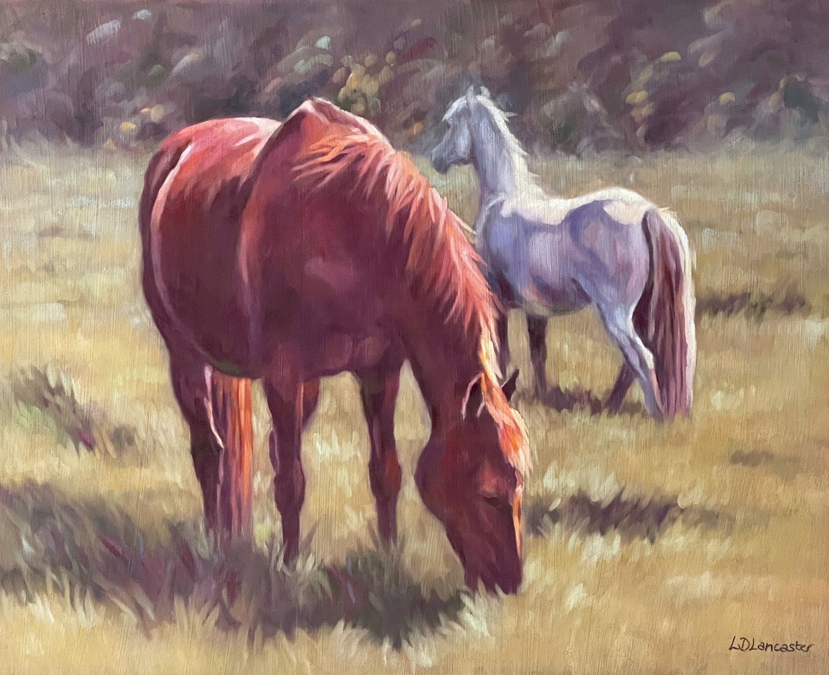 Heads or Tails - Chestnut and Grey Ponies Grazing by Lorna Lancaster ASEA