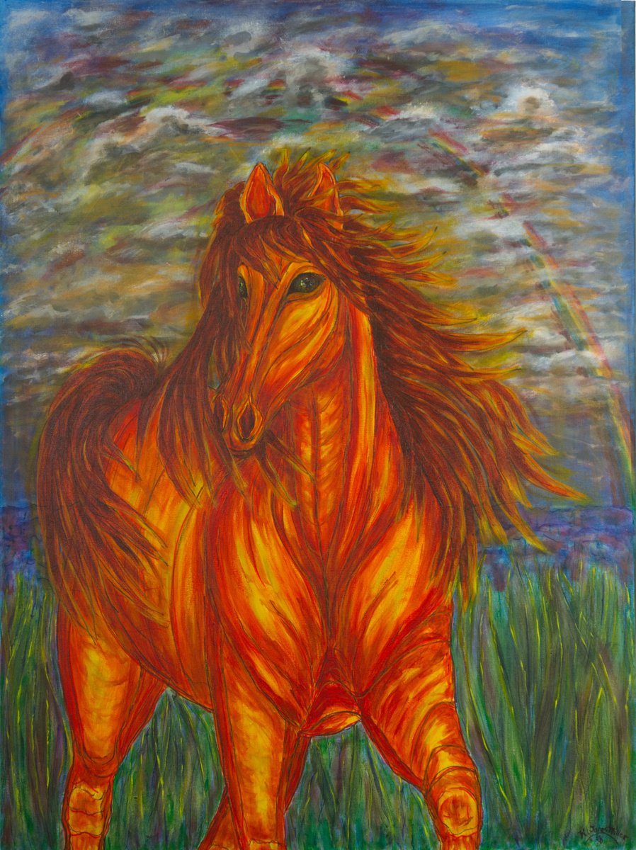 Impressionistic Animal Acrylic Painting By Kim Jones Miller, 30 X 40", Wild Fire, Original Artwork