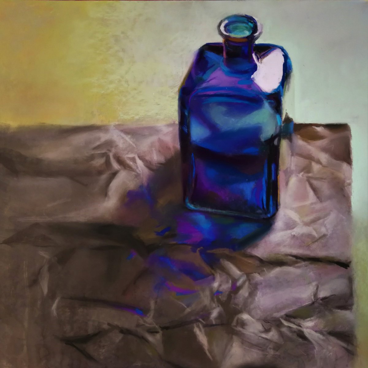 Still Life Pastel Drawing By Silja Salmistu, 16 X 16", Blue Bottle, Original Artwork