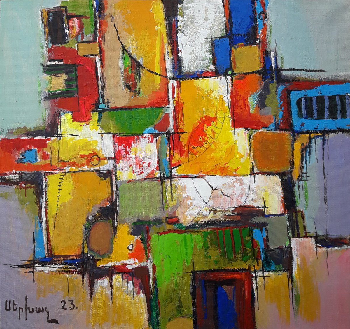 Abstract Oil Painting By Sergey Xachatryan, 14 X 14", Chromatic Harmony, Original Artwork