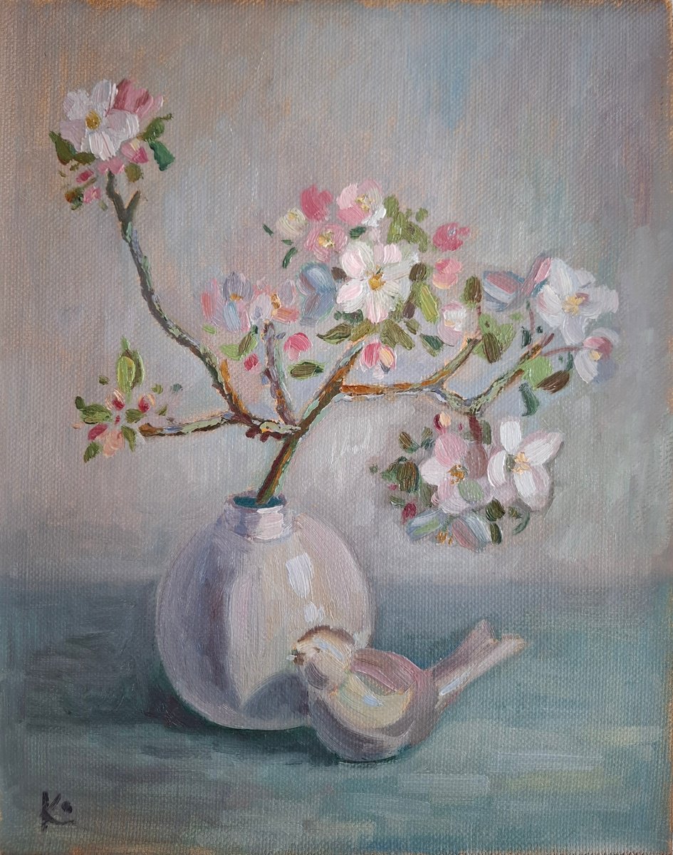 Impressionistic Botanical Oil Painting By Olena Kolotova, 12 X 16", Spring Flowers Blooming Brench, Original Artwork