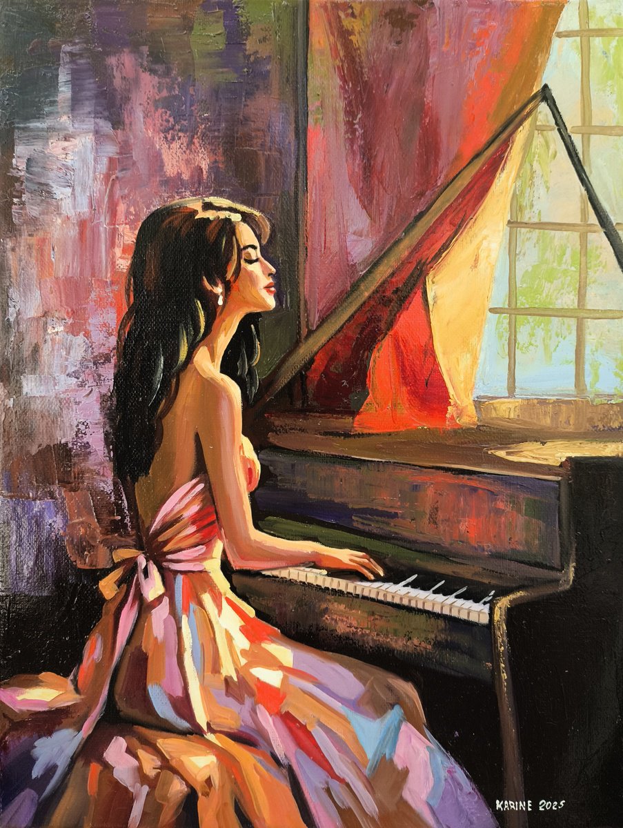 Expressive Portrait Oil Painting By Karine Harutyunyan, 12 X 16", The Charming Pianist, Original Artwork