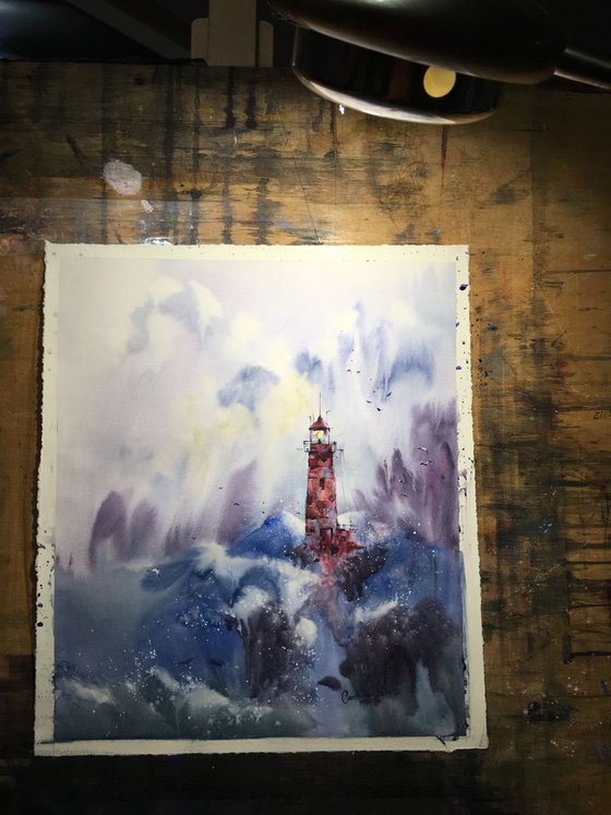 SOLD Watercolor "Sea storm. Red lighthouse”