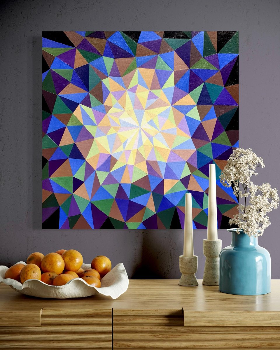 Geometric Abstract Acrylic Painting By Maria Tuzhilkina, 16 X 16", Blue Sapphire, Original Artwork