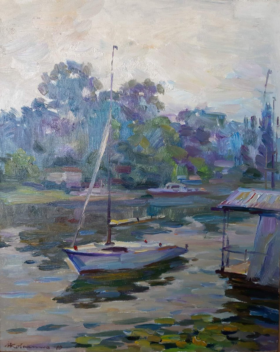 Impressionistic Landscape Oil Painting By Ivan Kovalenko, 16 X 20, Boat Mooring, Original Artwork
