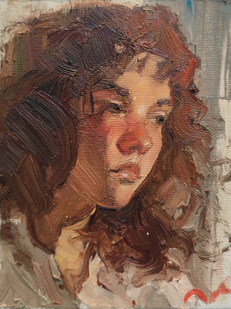 Impressionistic Portrait Oil Painting By Pavel Guliaev, 6 X 8", Lost In Thought, Original Artwork
