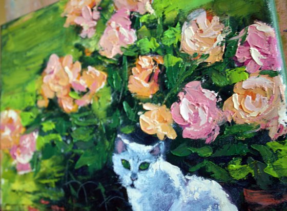 Roses and cat... /  ORIGINAL PAINTING