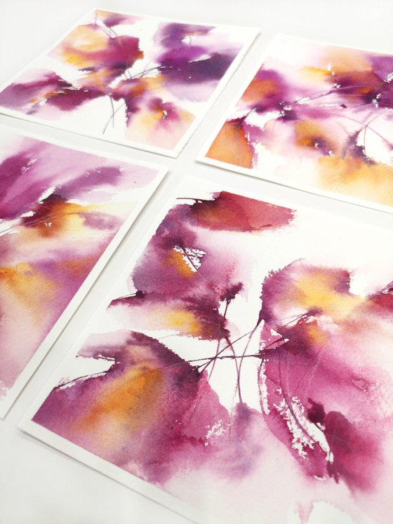 Abstract flowers, set of 4 small paintings "Purple flowers"