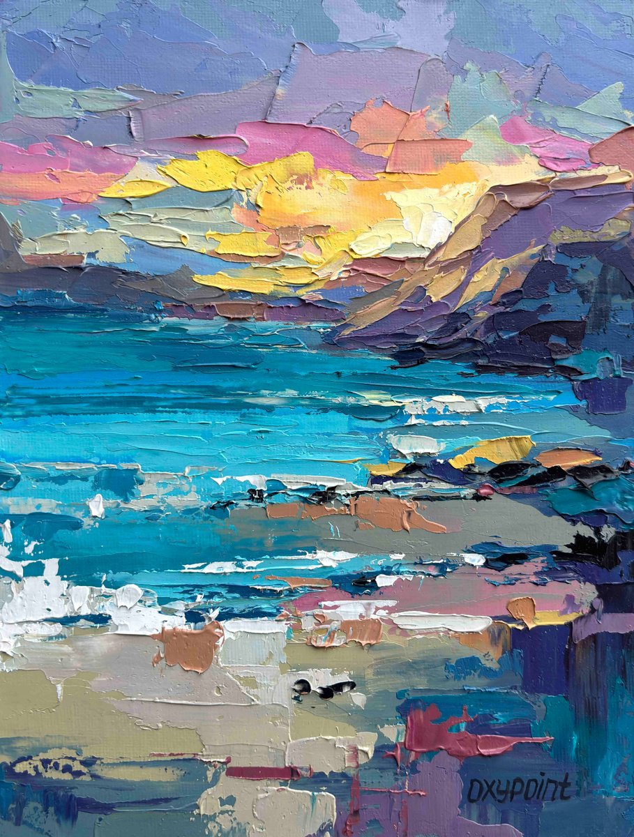 Impressionistic Landscape Oil Painting By Oxypoint, 7 X 9", "Mystical Sunset" Seascape, Original Artwork
