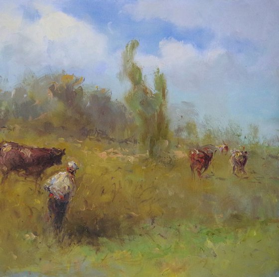 Cows in a Meadow, Landscape, Original oil Painting, Impressionism, Signed, One of a Kind
