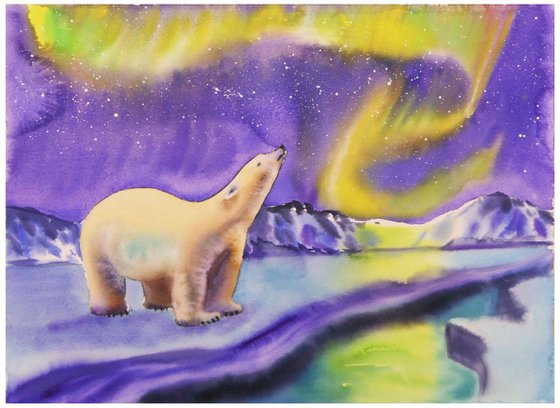 Polar Bear and Northern Lights Watercolor Painting North Pole