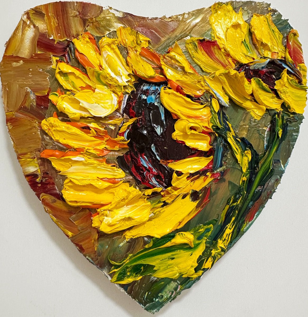 Impressionistic Botanical Oil Painting By Oksana Fedorova, 8 X 8", Heart Sunflowers, Original Artwork