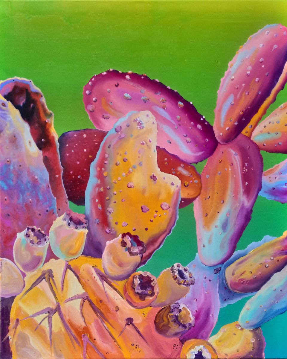 Surrealistic Botanical Oil Painting By Dominic Virtosu, 31 X 39, Cactus On Green, Original Artwork